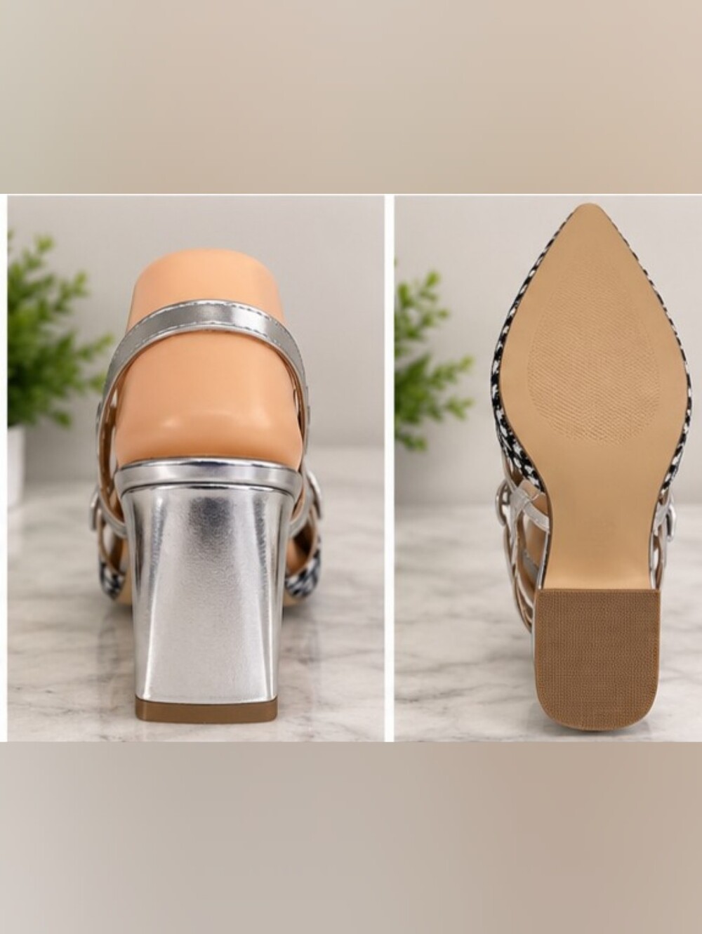 Metallic Silver Block Heel Shoes for Women